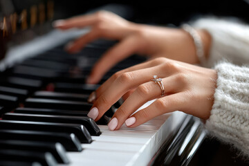 Obraz premium Elegant hands playing a piano with soft focus on a beautiful ring
