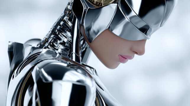 Futuristic female robot with sleek chrome body and intricate mechanical details, showcasing advanced technology and design in a captivating, modern environment