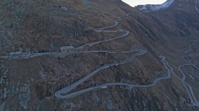 Furka Pass in Switzerland from the air, linking Valais and Uri peaks.
