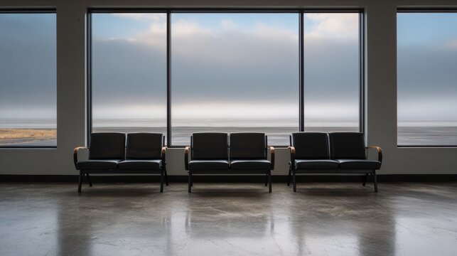 Modern Waiting Area With Black Chairs and Scenic View of Calm Coastal Landscape Under Soft Clouds
