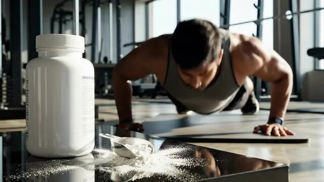 A blank supplement bottle and powder scoop sit in the foreground while a male athlete performs push-ups in a sunlit gym. Focuses on sports nutrition and bodyweight training.