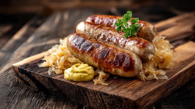 Grilled sausages with sauerkraut and mustard on rustic wooden board
