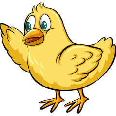 A charming cartoon yellow chick stands with its beak open and one wing raised in a friendly wave against a transparent background in a whimsical illustration style