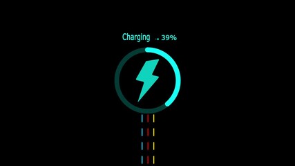 Fast battery charging animation with electric animation and count from 1 - 70 percent.charging animation with power icon isolated on a black background.