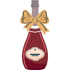 A bottle of dark red wine with a gold bow and a label on a transparent background for celebratory occasions