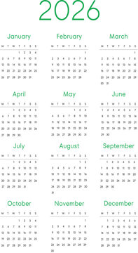 Clean minimalist 2026 calendar layout with all months