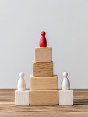 Symbolizing Success and Leadership Through Wooden Figurines and Blocks on a Wooden Surface