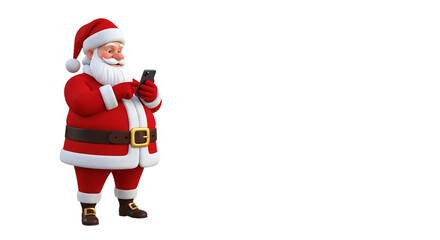 Santa checking his list on his smartphone with anticipation and modern cheer against a stark on transparent background