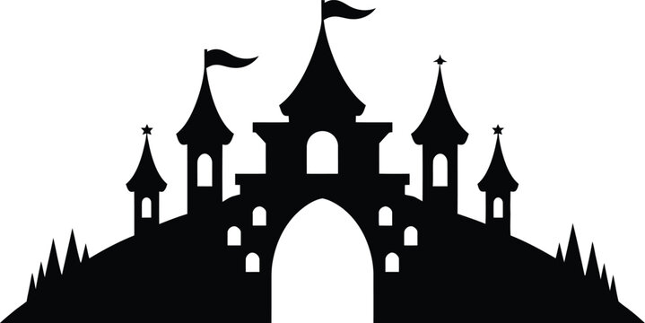 Enchanted fairy tale castle silhouette with towers flags and spires