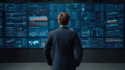 Business Professional in Dark Suit Analyzes Financial Charts in Modern Trading Room