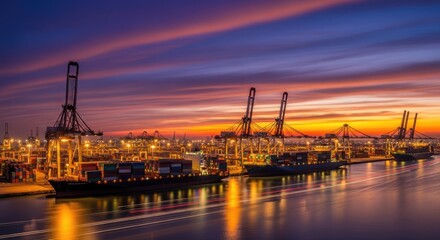 Fototapeta premium Majestic Container Ships and Cranes Illuminated by Dramatic Sunset at Bustling Port
