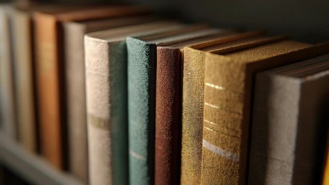 Row of old hardcover books with worn textures and faded colors on a shelf