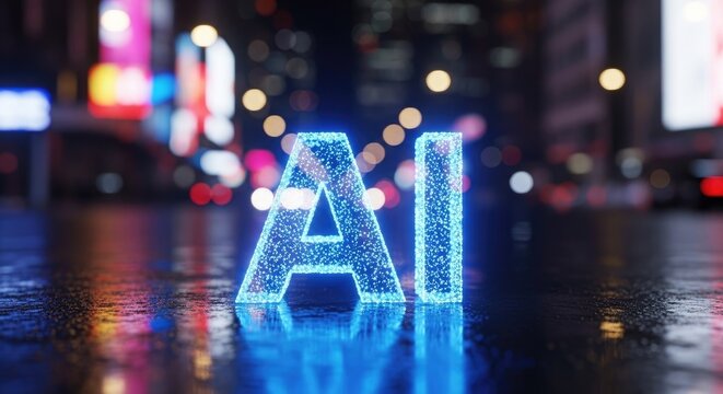 Glowing AI Letters on Wet City Street at Night with Bokeh Lights