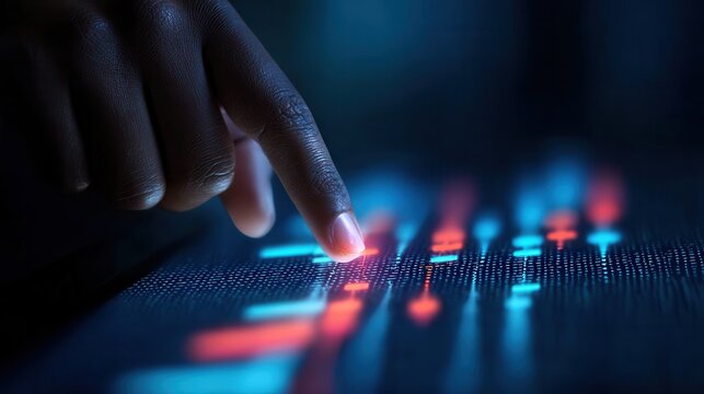 Finger Interacts With Glowing Stock Market Chart Displaying Red and Blue Financial Indicators - Powered by Adobe