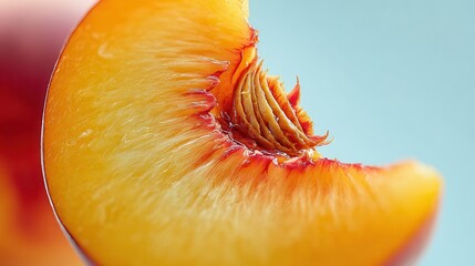 Delicious and Succulent Peach Slice Revealing Its Golden Flesh and Seed on a Soft Blue Background