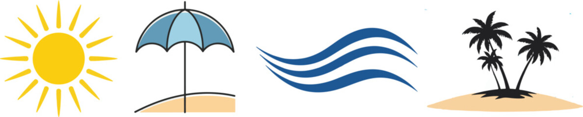 Flat Style Summer Icons: Sun, Umbrella, Waves, Palm Trees