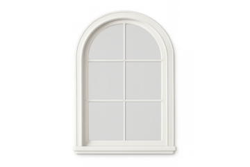 Arched window frame made of white wood with glass panes, classic architectural element, isolated object on transparent background