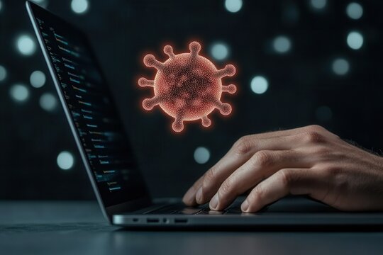 Laptop User Faces Virtual Cyber Threat With Malware Warning in a Dark Setting