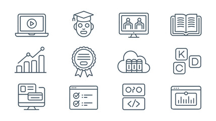Online education and e learning vector icon set in thin line style