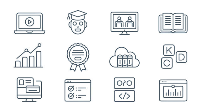 Online education and e learning vector icon set in thin line style