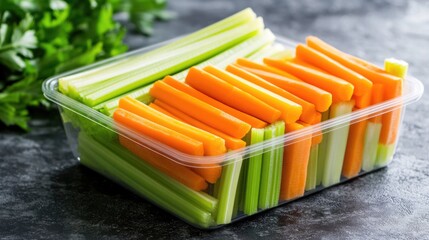 Fototapeta premium A container filled with fresh celery and carrot sticks, perfect for snacking.