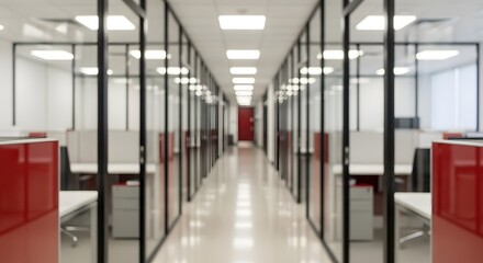 Obraz premium Empty long perspective hallway interior with light from doors in a modern office building or hotel