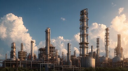 Petrochemical Industry Complex Under a Bright Sky With Dramatic Clouds at Sunset