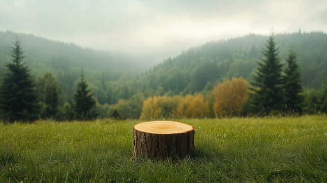 Serene Landscape With a Tree Stump in a Misty Forest Clearing at Dawn
