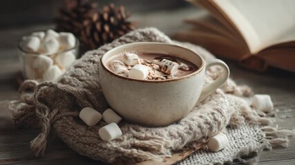 Cozy hot chocolate with marshmallows on knitted blanket - Powered by Adobe