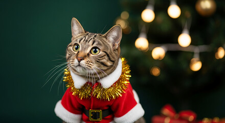 Striped cat wears red festive costume with shiny collar before green background and tree lights, representing holiday pet, festive season