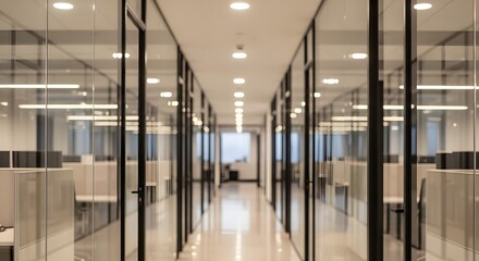 Empty, clean, modern glass office building interior corridor hallway with bright light and architectural design