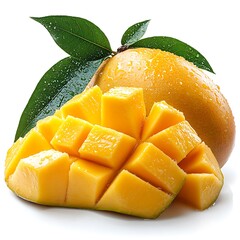 Diced Mango with Whole Mango and Green Leaves on photo White Background fruit tropical