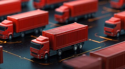 Red Trucks With Containers Arranged in a Seamless Logistics Network for Global Commerce