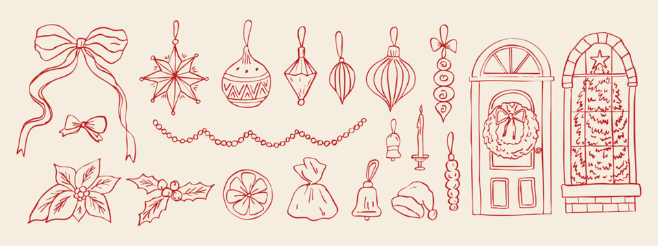 Hand-drawn Christmas elements set with bows, ornaments, holly, garlands, bells, candles, door and window illustrations in simple red outline on a beige background
