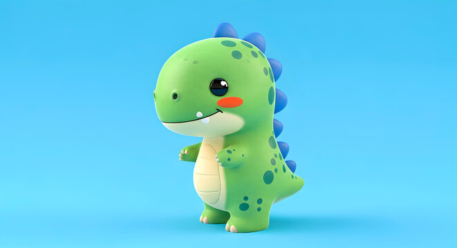 Adorable cartoon-style green dinosaur illustration with blue spikes and polka dots, set against a vibrant blue background