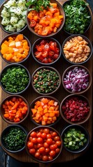 Diced Vegetables and Herbs in Bowls Salad Preparation chopped tomatoes chopped cucumber photo
