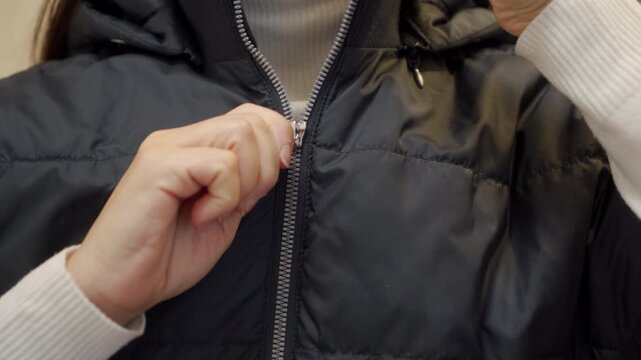 A person's hand pulls the metal zipper slider down quickly on a black quilted vest. The swift action produces a loud, high-pitched zzzip sound.