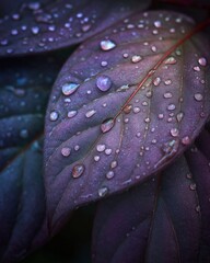 Fototapeta premium Dew drops on a purple leaf, nature's tears glistening in the soft light.