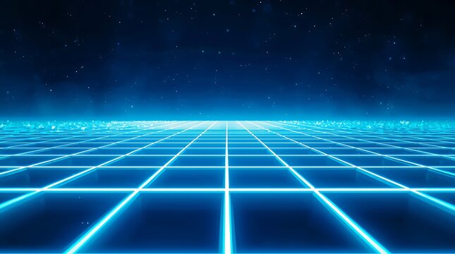 Futuristic glowing blue grid plane for digital technology background design