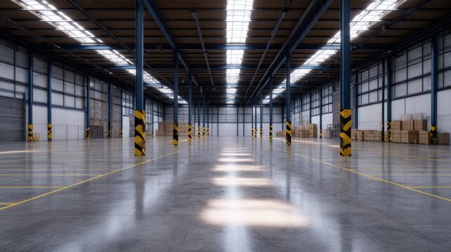 Spacious warehouse interior with polished floors, organized storage, and natural light streaming through windows