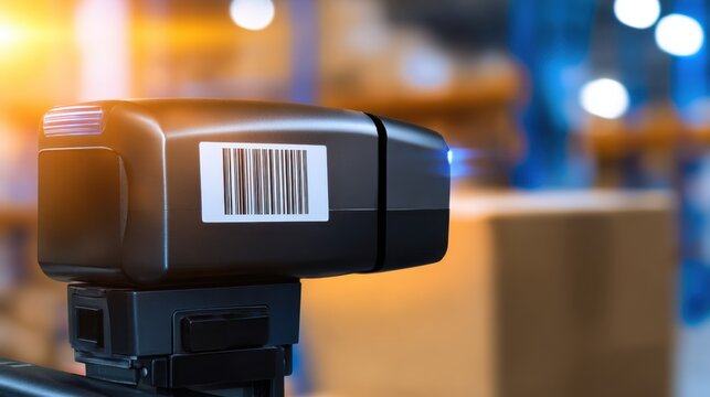 Barcode scanner in a warehouse setting scanning packages with blurred background of shelves and boxes