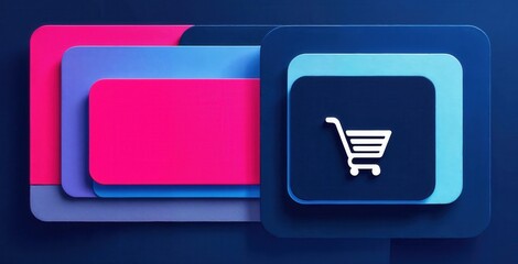 Shopping cart icon for e-commerce and online retail. Modern abstract background with layered colorful shapes. Digital commerce and technology concept