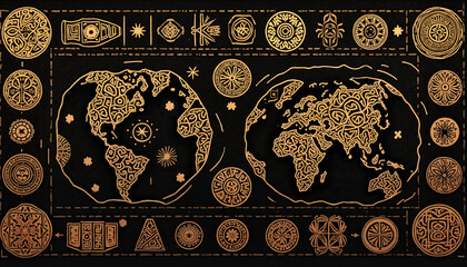 Ancient world map, in embossed gold and black, a historical background for travel and discovery