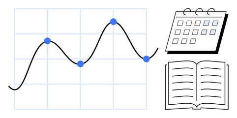 Line graph with plotted points, calendar for scheduling, and open book for research. Ideal for data tracking, time management, planning, research insights, education, progress evaluation simple flat