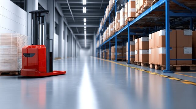 A red pallet jack positioned in a spacious warehouse aisle lined with stacked cardboard boxes