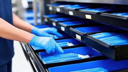 Healthcare professional organizing blue disposable gloves in a clinical setting, ensuring readiness for procedures
