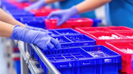 Workers in blue gloves sorting items into red and blue bins in a clean, organized workspace