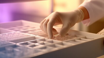 Scientist in a lab carefully handling test tubes in a well-organized storage tray during research