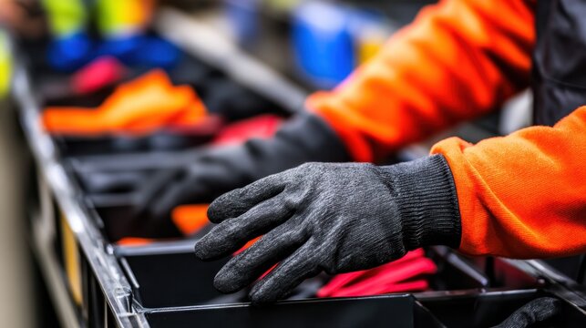 Worker organizing colorful gloves in a warehouse, showcasing efficient sorting and teamwork in action