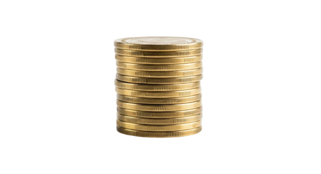 Stack of shiny gold coins on isolated transparent background